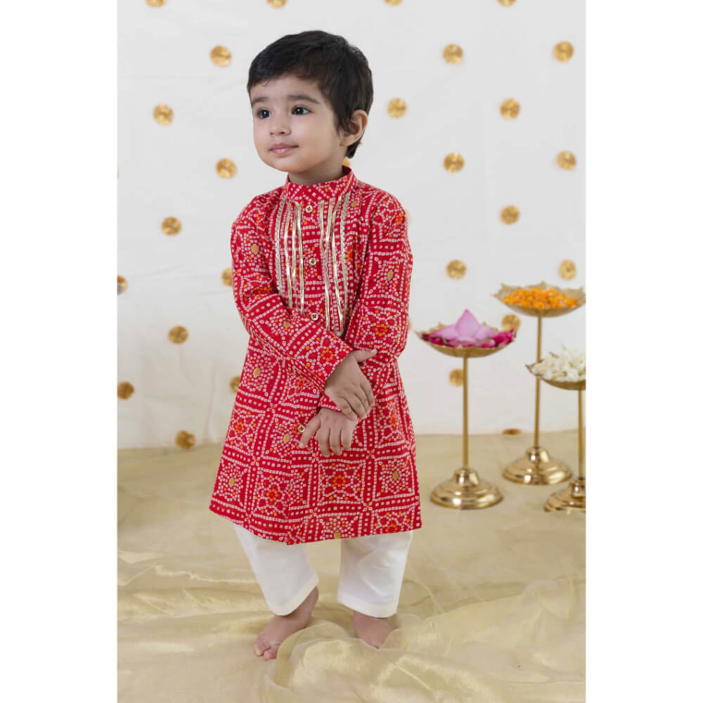 Tiber Taber Baby Boy Bandhani Print Cotton Kurta Set Red
