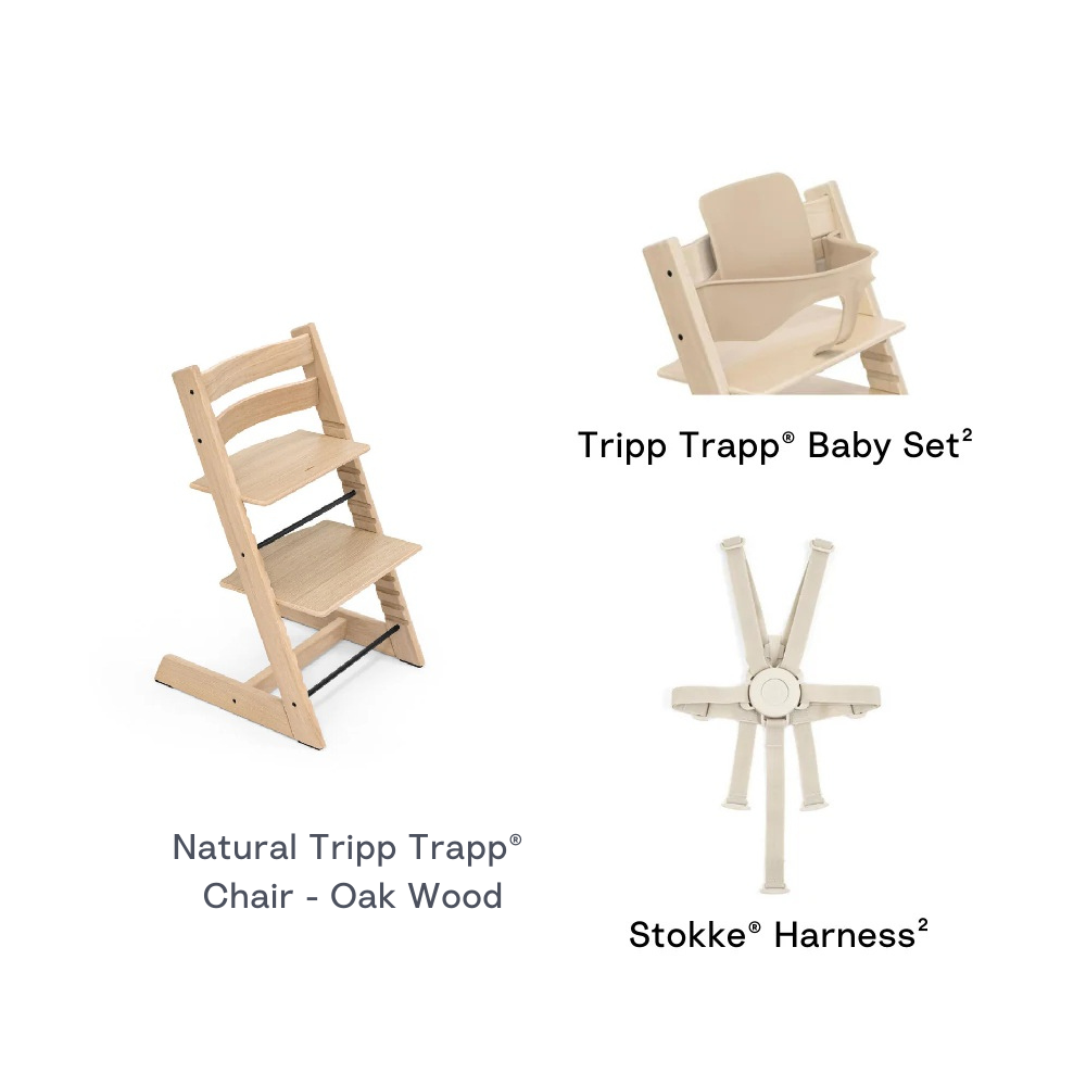 Stokke Tripp Trapp Oak Wood Highchair with Baby Set Harness Adjustable  Wooden Highchair for Baby Toddler, Includes Baby Set 5-Point Safety