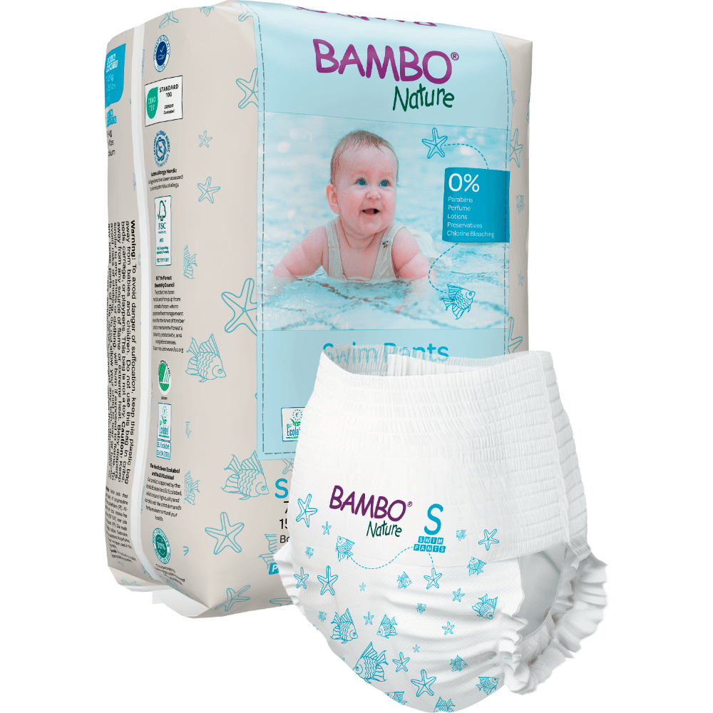 Bambo Nature Premium Disposable Swim Diaper Pants - Double Leak Barriers, Soft 360° Elastic Fit, Chemical Free & Leakproof Pool Diapers For Babies, Waterproof Toddler Swimming Swimsuit, Kids 7-12 kgs, 12 Count