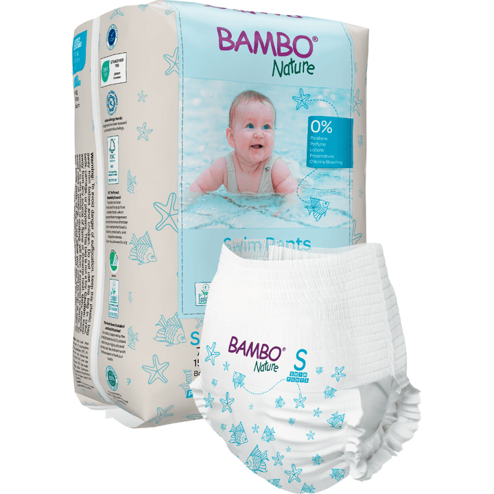 Bambo Nature Premium Disposable Swim Diaper Pants - Double Leak Barriers, Soft 360° Elastic Fit, Chemical Free & Leakproof Pool Diapers For Babies, Waterproof Toddler Swimming Swimsuit, Kids 7-12 kgs, 12 Count