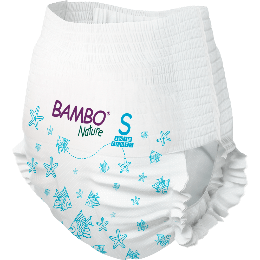 Bambo Nature Premium Disposable Swim Diaper Pants - Double Leak Barriers, Soft 360° Elastic Fit, Chemical Free & Leakproof Pool Diapers For Babies, Waterproof Toddler Swimming Swimsuit, Kids 7-12 kgs, 12 Count