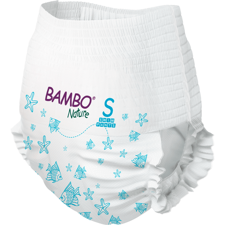 Bambo Nature Premium Disposable Swim Diaper Pants - Double Leak Barriers, Soft 360° Elastic Fit, Chemical Free & Leakproof Pool Diapers For Babies, Waterproof Toddler Swimming Swimsuit, Kids 7-12 kgs, 12 Count