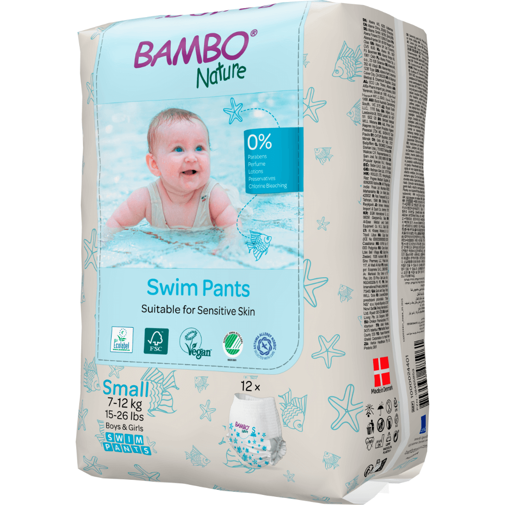 Bambo Nature Premium Disposable Swim Diaper Pants - Double Leak Barriers, Soft 360° Elastic Fit, Chemical Free & Leakproof Pool Diapers For Babies, Waterproof Toddler Swimming Swimsuit, Kids 7-12 kgs, 12 Count