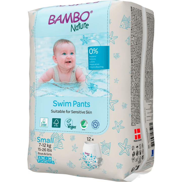 Bambo Nature Premium Disposable Swim Diaper Pants - Double Leak Barriers, Soft 360° Elastic Fit, Chemical Free & Leakproof Pool Diapers For Babies, Waterproof Toddler Swimming Swimsuit, Kids 7-12 kgs, 12 Count