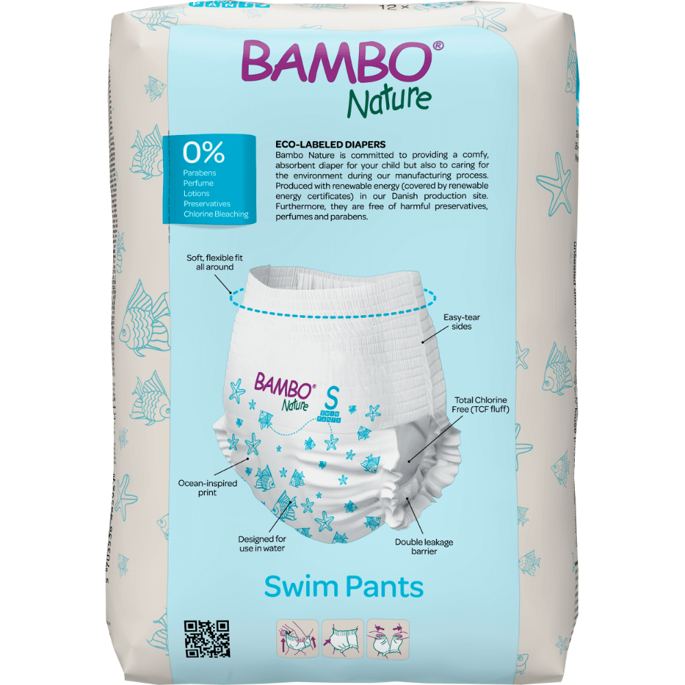 Bambo Nature Premium Disposable Swim Diaper Pants - Double Leak Barriers, Soft 360° Elastic Fit, Chemical Free & Leakproof Pool Diapers For Babies, Waterproof Toddler Swimming Swimsuit, Kids 7-12 kgs, 12 Count