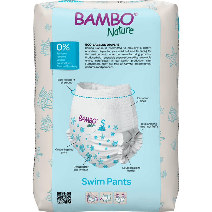 Bambo Nature Premium Disposable Swim Diaper Pants - Double Leak Barriers, Soft 360° Elastic Fit, Chemical Free & Leakproof Pool Diapers For Babies, Waterproof Toddler Swimming Swimsuit, Kids 7-12 kgs, 12 Count