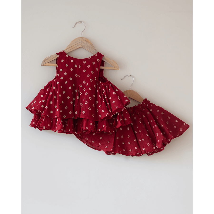 Love the World Today Gulal Cotton Red Bandhani Flowy Top and Skirt Coord Set- Girls