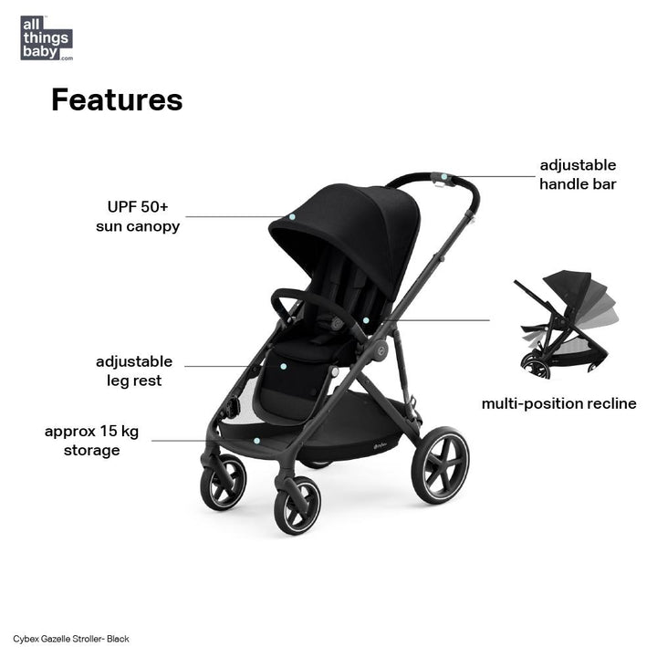 Cybex Gazelle Reversible Seat Stroller from Birth - 4 Years with Flat Recline, Height-Adjustable Handle Bar and Multiple Seat Configurations that converts to Twin/Sibling Stroller - Moon Black