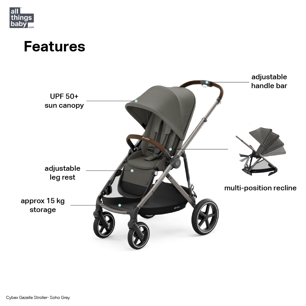 Cybex Gazelle Reversible Seat Stroller from Birth - 4 Years with Flat Recline, Height-Adjustable Handle Bar and Multiple Seat Configurations that converts to Twin/Sibling Stroller