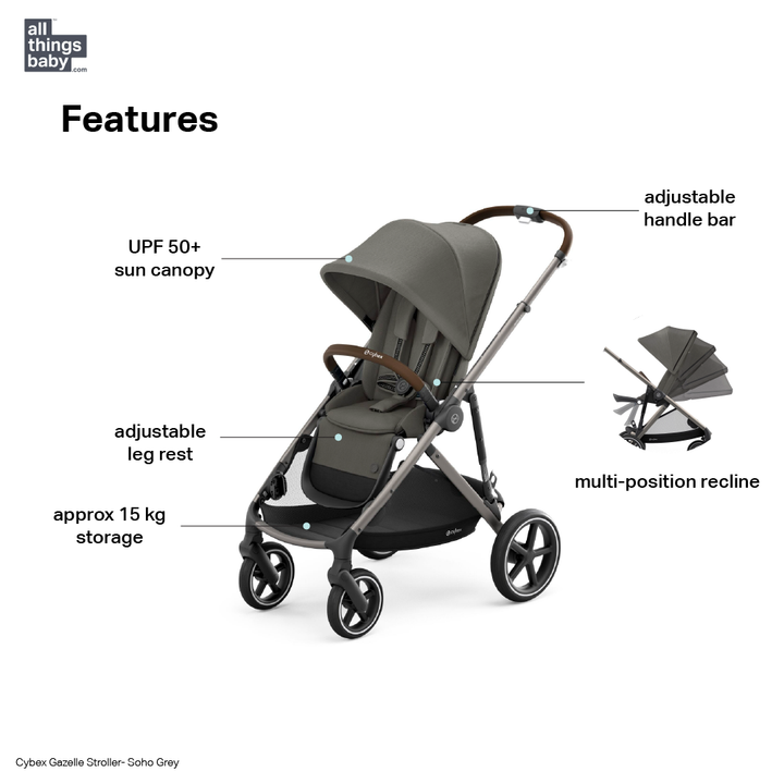 Cybex Gazelle Reversible Seat Stroller from Birth - 4 Years with Flat Recline, Height-Adjustable Handle Bar and Multiple Seat Configurations that converts to Twin/Sibling Stroller