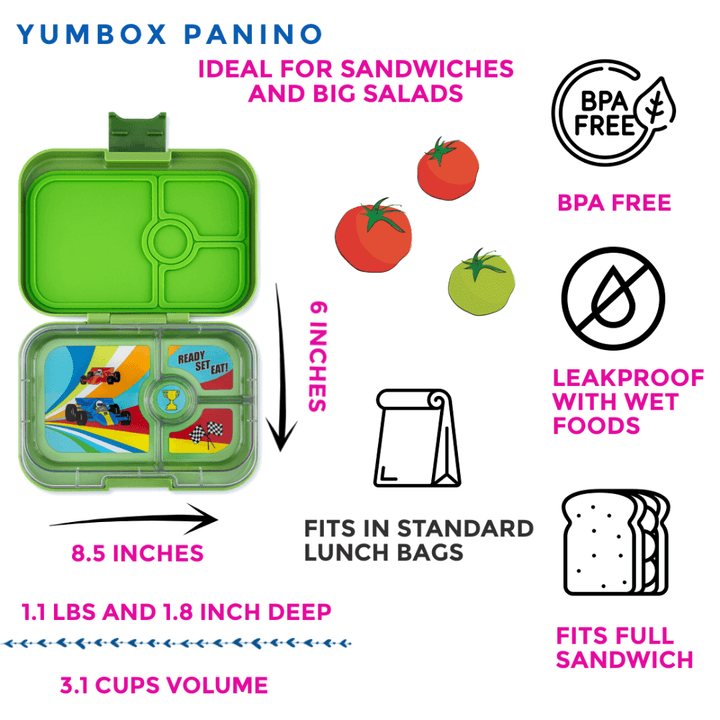 Yumbox Matcha Green Panino - Race Cars Tray
