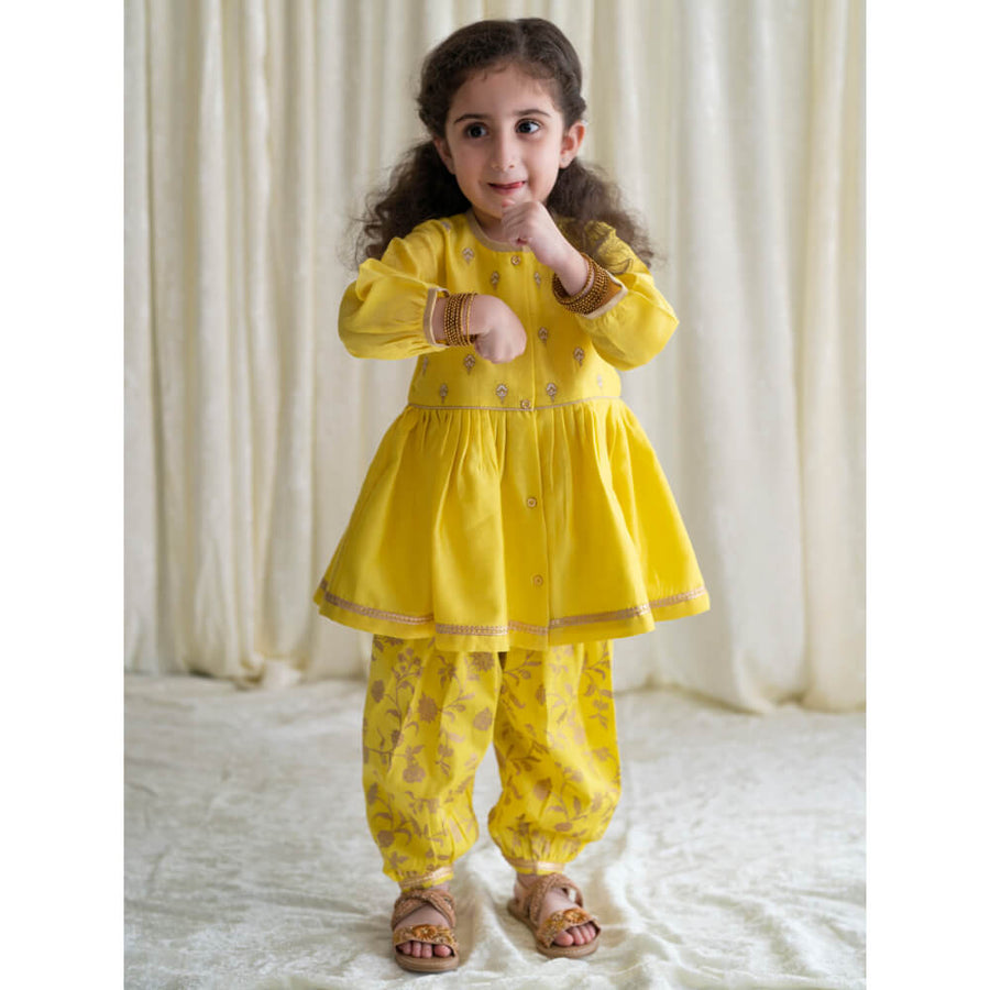 Tiber Taber Baby Girl Chanderi Angrakha Suit Set Embroidered- Yellow