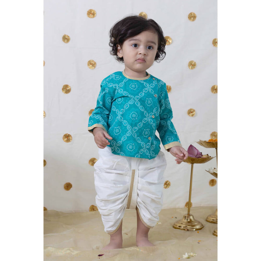 Tiber Taber Baby Boy Bandhani Print Cotton Dhoti Kurta - Blue