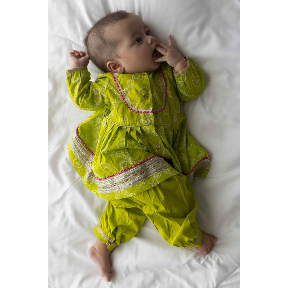 Tiber Taber Baby Girl Bandhani Cotton Angrakha Suit Set - Green