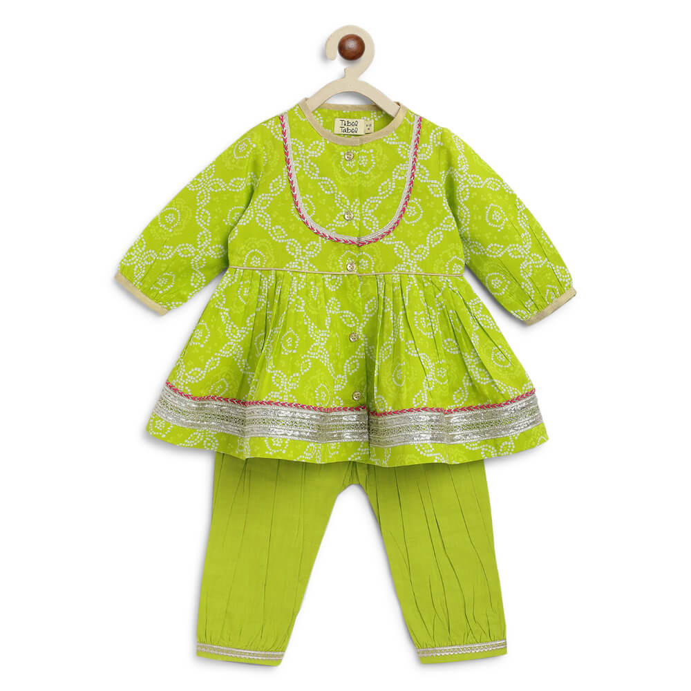 Tiber Taber Baby Girl Bandhani Cotton Angrakha Suit Set - Green