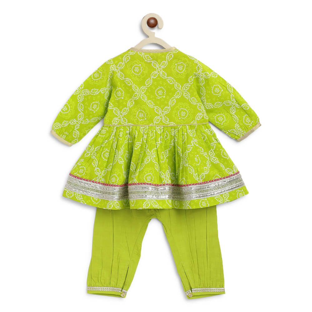Tiber Taber Baby Girl Bandhani Cotton Angrakha Suit Set - Green