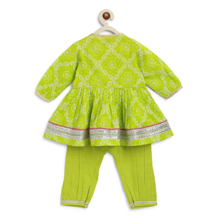 Tiber Taber Baby Girl Bandhani Cotton Angrakha Suit Set - Green