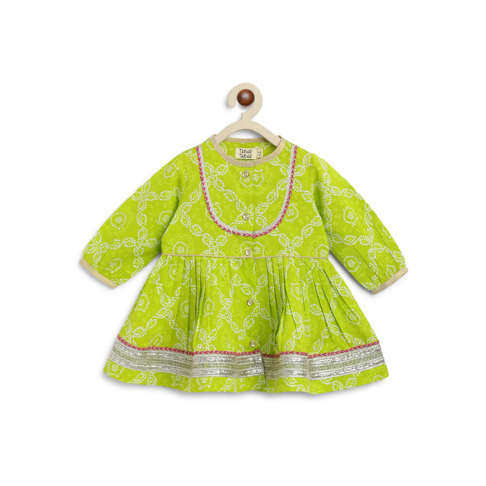 Tiber Taber Baby Girl Bandhani Cotton Angrakha Suit Set - Green