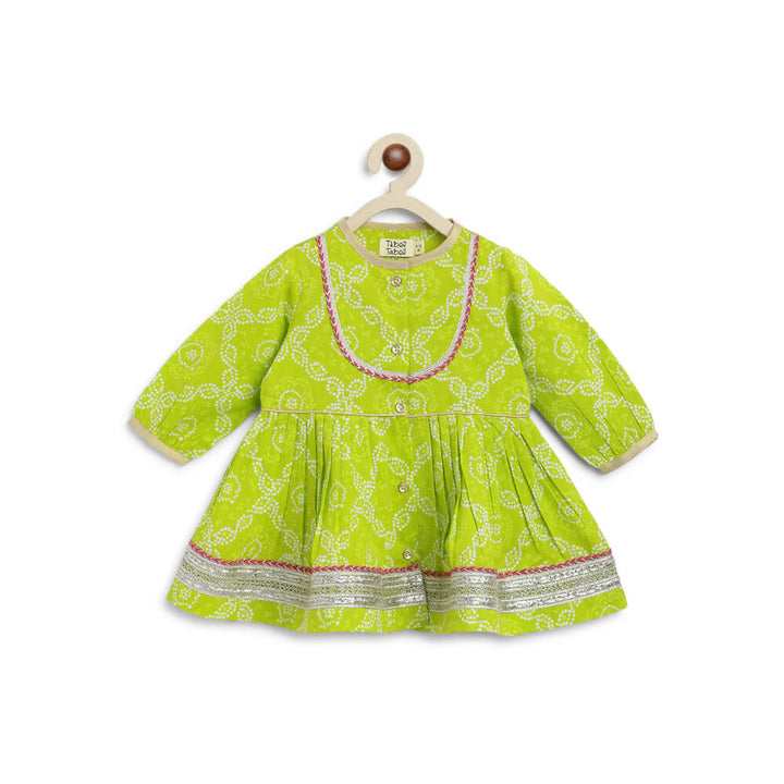 Tiber Taber Baby Girl Bandhani Cotton Angrakha Suit Set - Green