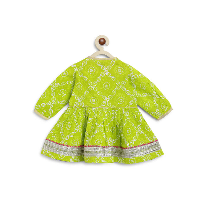 Tiber Taber Baby Girl Bandhani Cotton Angrakha Suit Set - Green