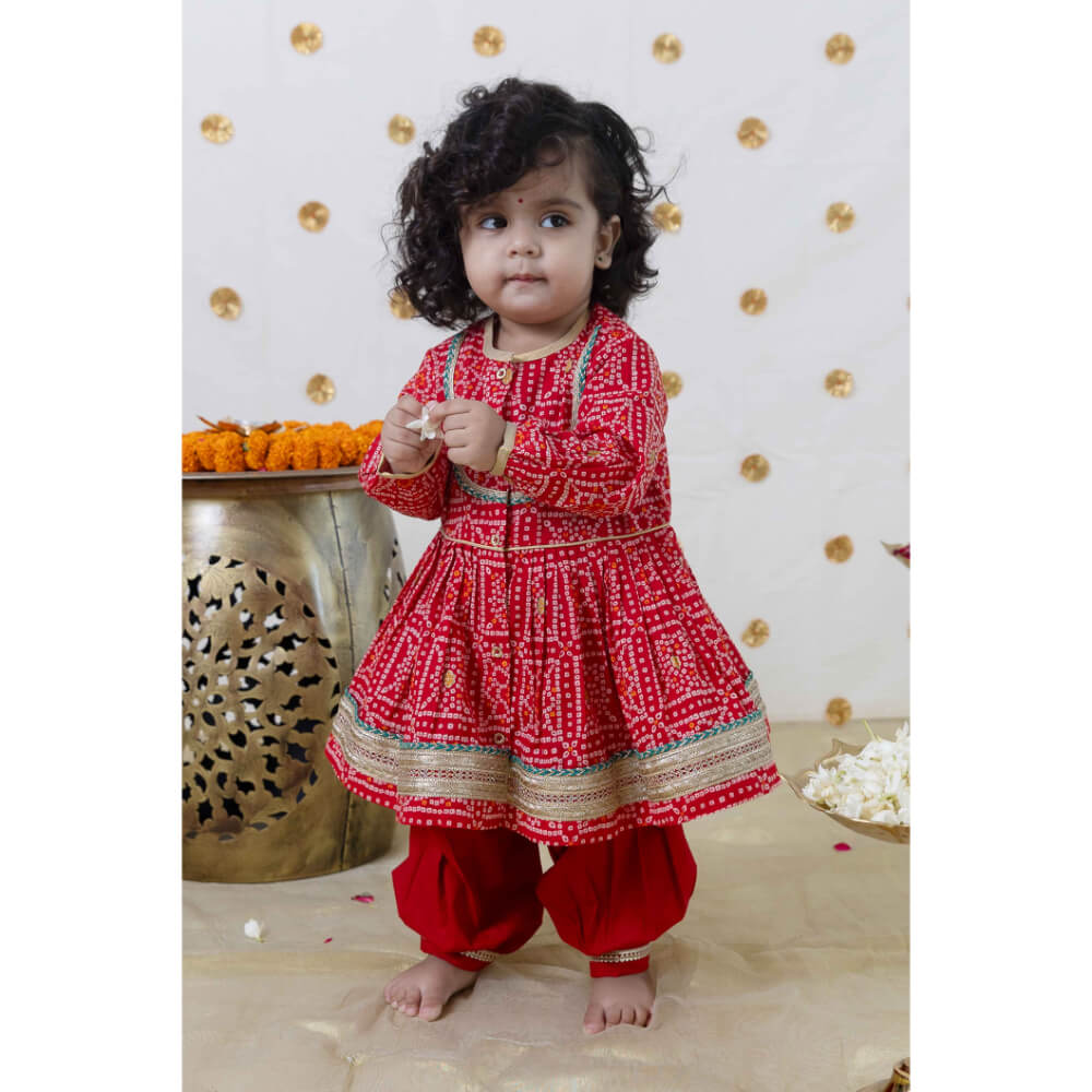Tiber Taber Baby Girl Bandhani Cotton Angrakha Suit Set Red