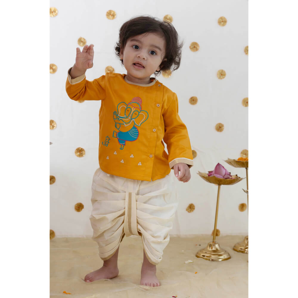 Tiber Taber Baby Boy Ganesha Embroidered Cotton Dhoti Kurta Set Yellow New Born