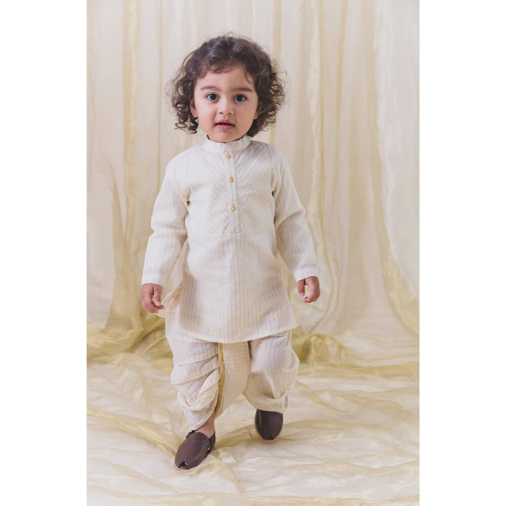 Tiber Taber Boy White and Gold Dhoti Kurta Set – - Main Image