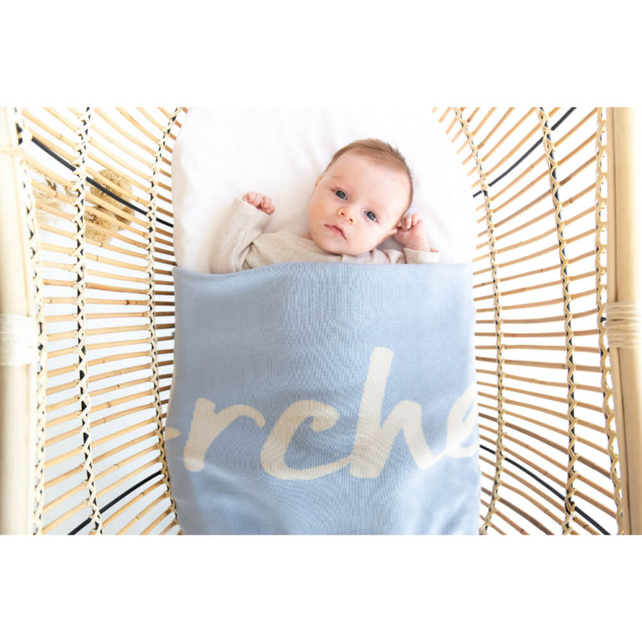 NamelyCo Organic Cotton Knitted Blanket: Dream Blue & Ivory