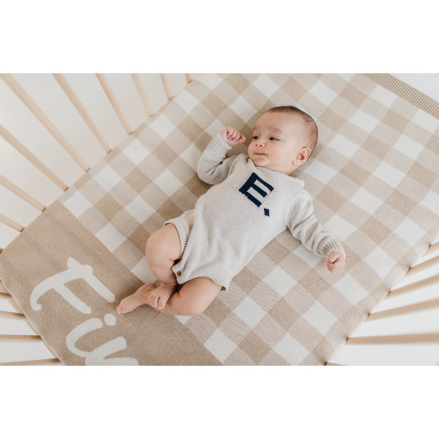NamelyCo Gingham Check Personalised Name Blanket - Light Camel & Ivory