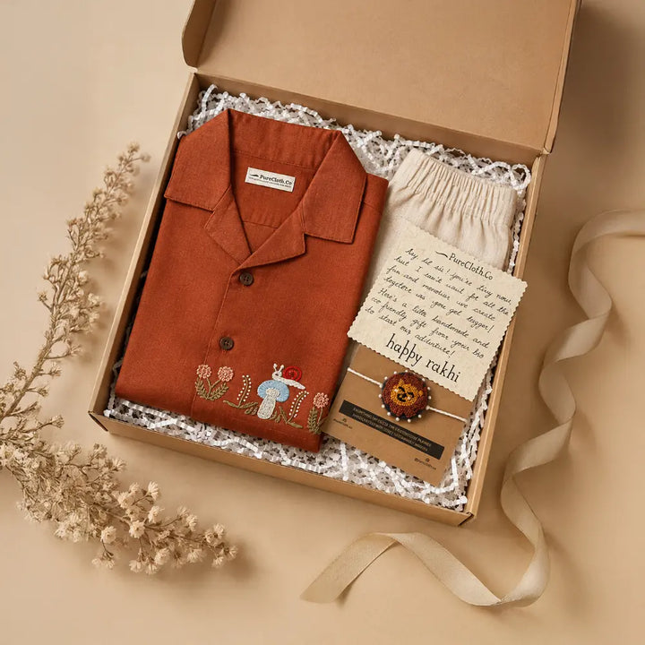 PureCloth.Co Baby Boy Gift Hamper | Eco-friendly Rakhi Gift Box For Boys | Snail Trail - Rust Orange