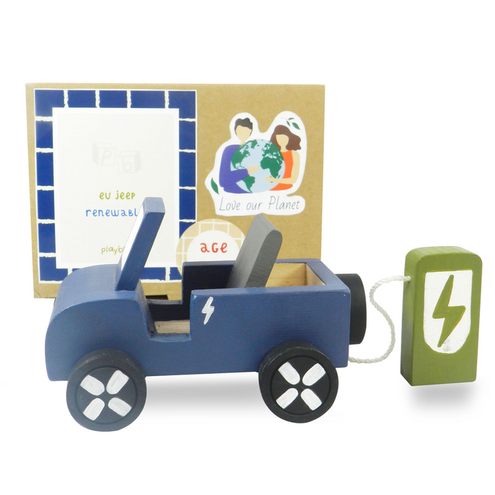 Playbox Wooden EV Jeep with Artificial Wooden Electric Charger