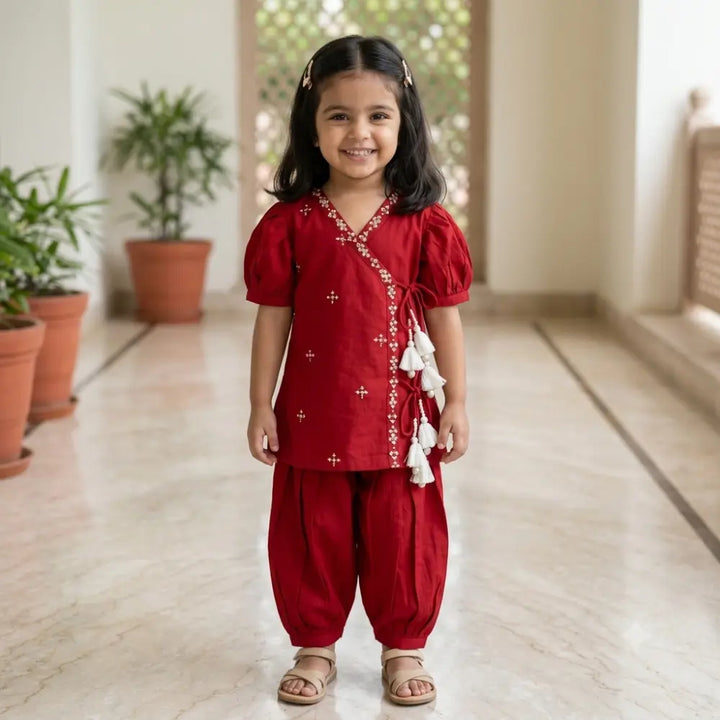 Bhaakur  Cotton Embroidered Angrakha Set For Girls - Red