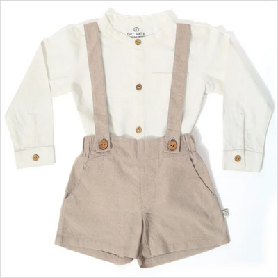 Furr Balls Shirt & Suspender Shorts Set - White & Ruby Tan