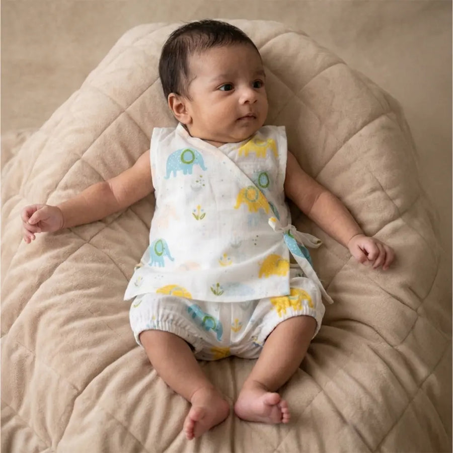 PureCloth.Co Yellow Floral Elephant Muslin Jablas - Off-White