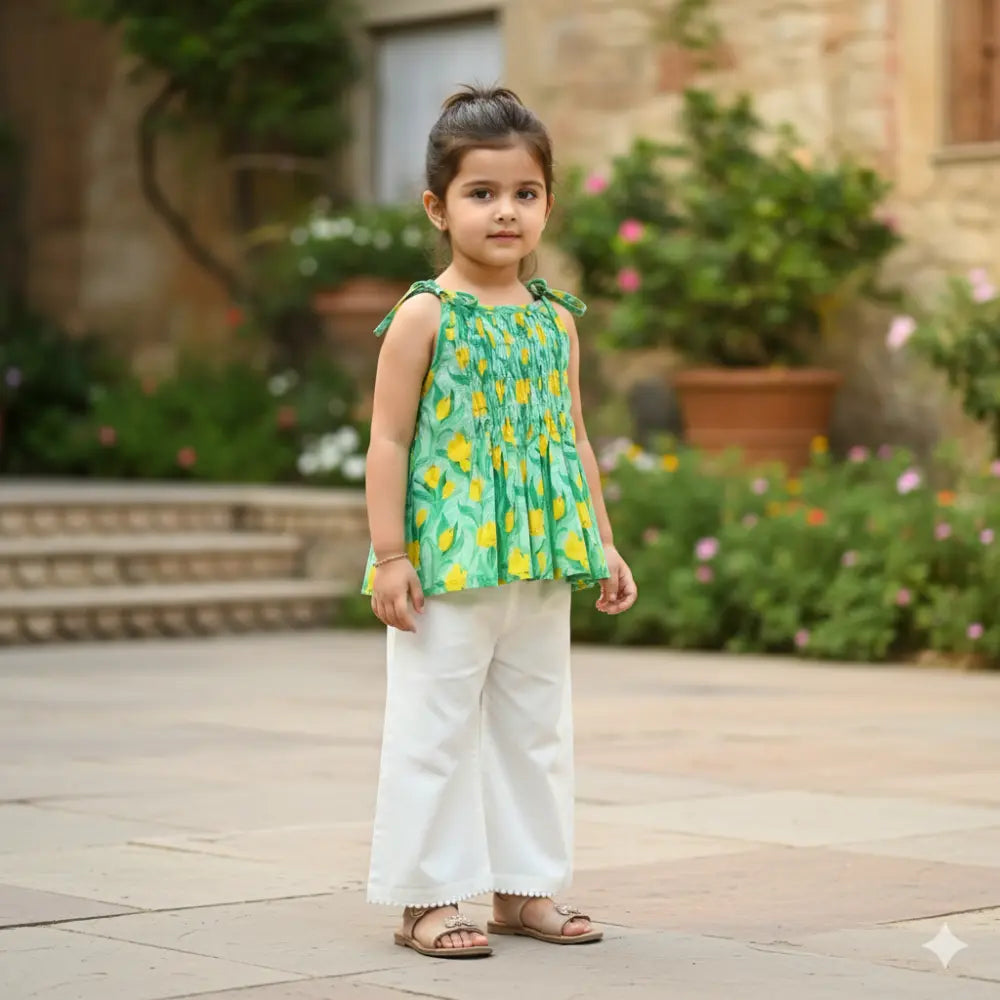 Bhaakur Organic Cotton Floral Tie-Up Co-ord Set For Girls - Green