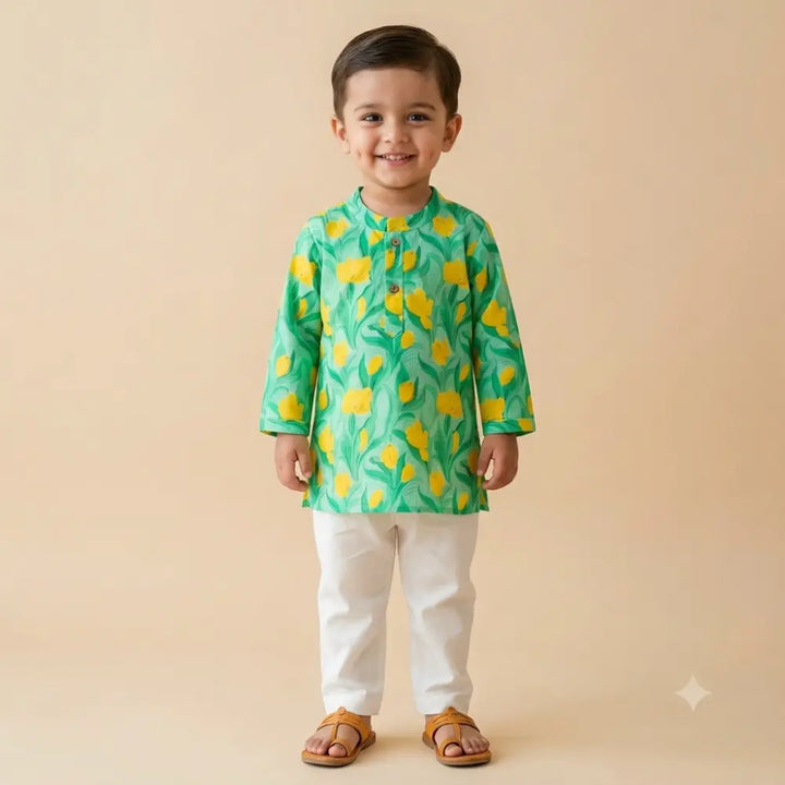 Bhaakur Organic Cotton Floral Kurta Set For Boys - Green