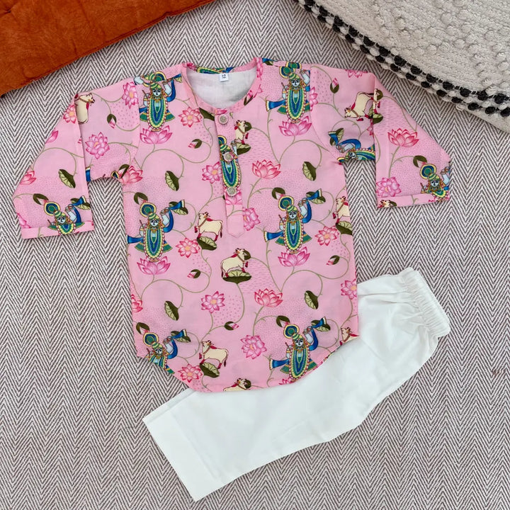 Bhaakur Chanderi Unisex Pichwai Print Kurta Set