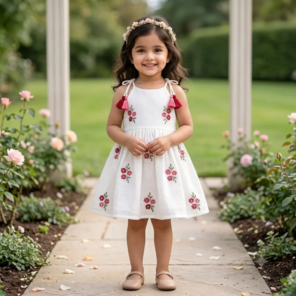 Bhaakur Chanderi Floral Embroidered Tie-Up Dress For Girls - White