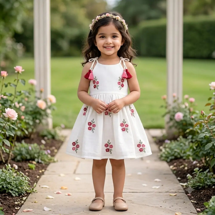 Bhaakur Chanderi Floral Embroidered Tie-Up Dress For Girls - White