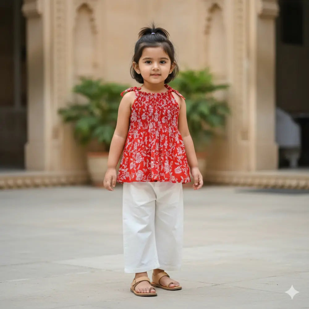 Bhaakur Organic Cotton Floral Tie-Up Co-ord Set For Girls - Red