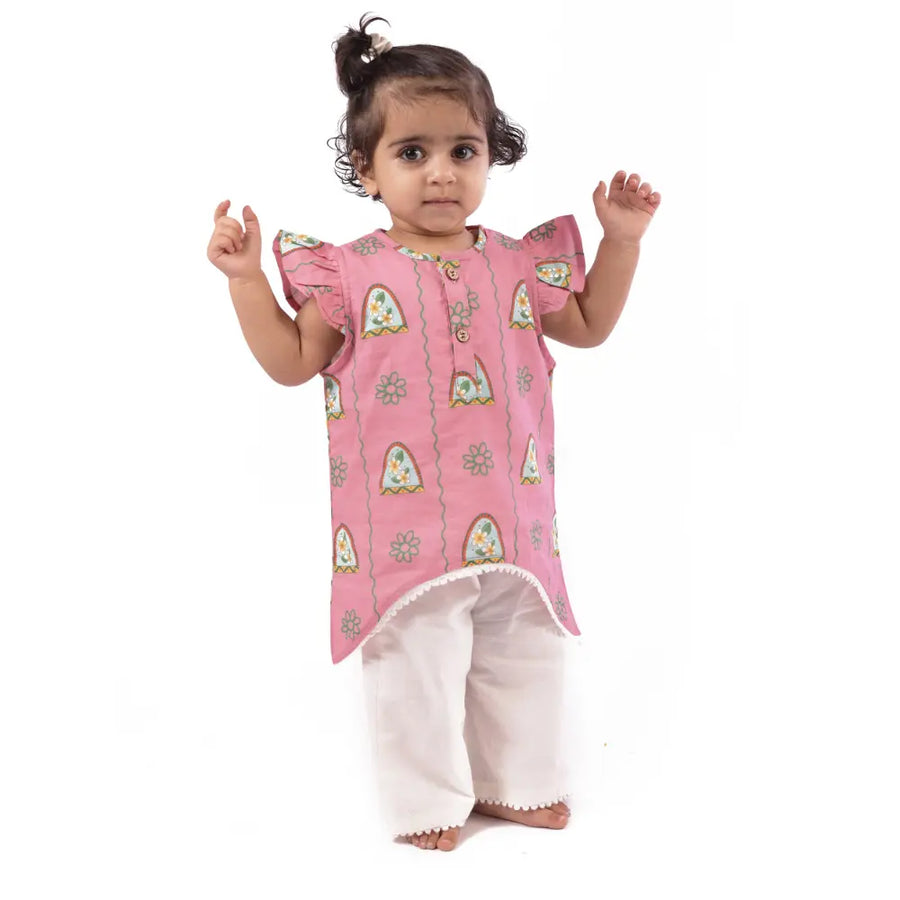 Bhaakur 'Nani Ghar ka Champa'- Organic Cotton Pink Floral Kurta Set for Girls