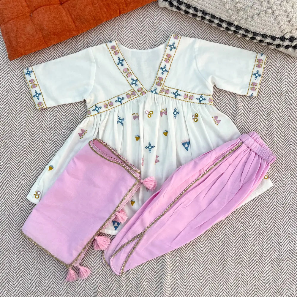 Bhaakur Organic Cotton Mirror Work Kurta Set For Girls - White