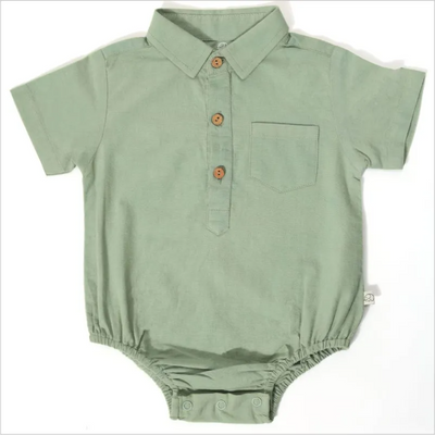 Furr Balls Button Front Collared Bodysuit - Mineral Green