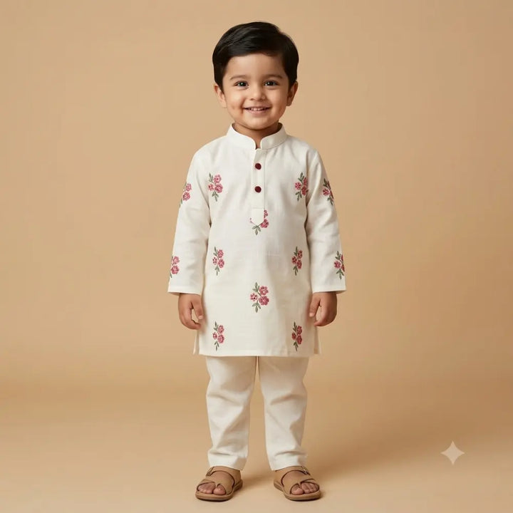 Bhaakur Chanderi Floral Embroidered Kurta Set For Boys - White