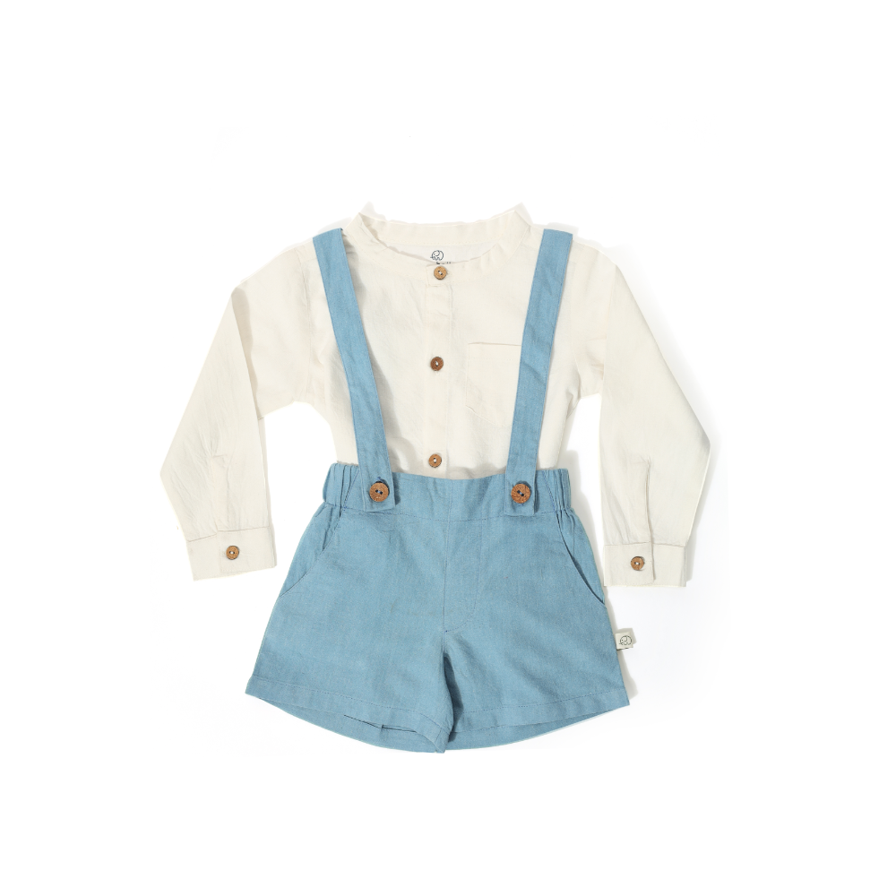 Furr Balls Shirt &amp; Suspender Shorts Set - White &amp; Wood Blue