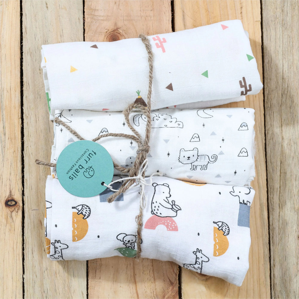 Furr Balls Printed Muslin Swaddle - Pack of 3