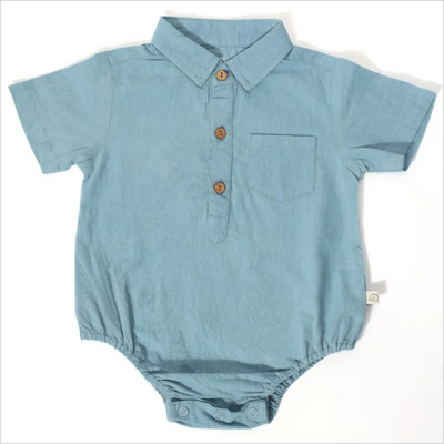 Furr Balls Button Front Collared Bodysuit - Wood Blue