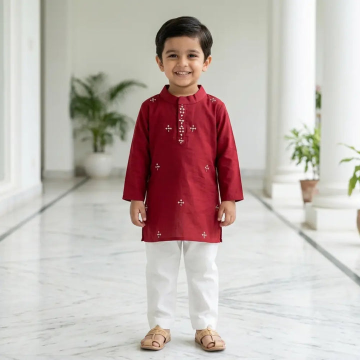 Bhaakur  Cotton Embroidered Kurta Set For Boys - Red