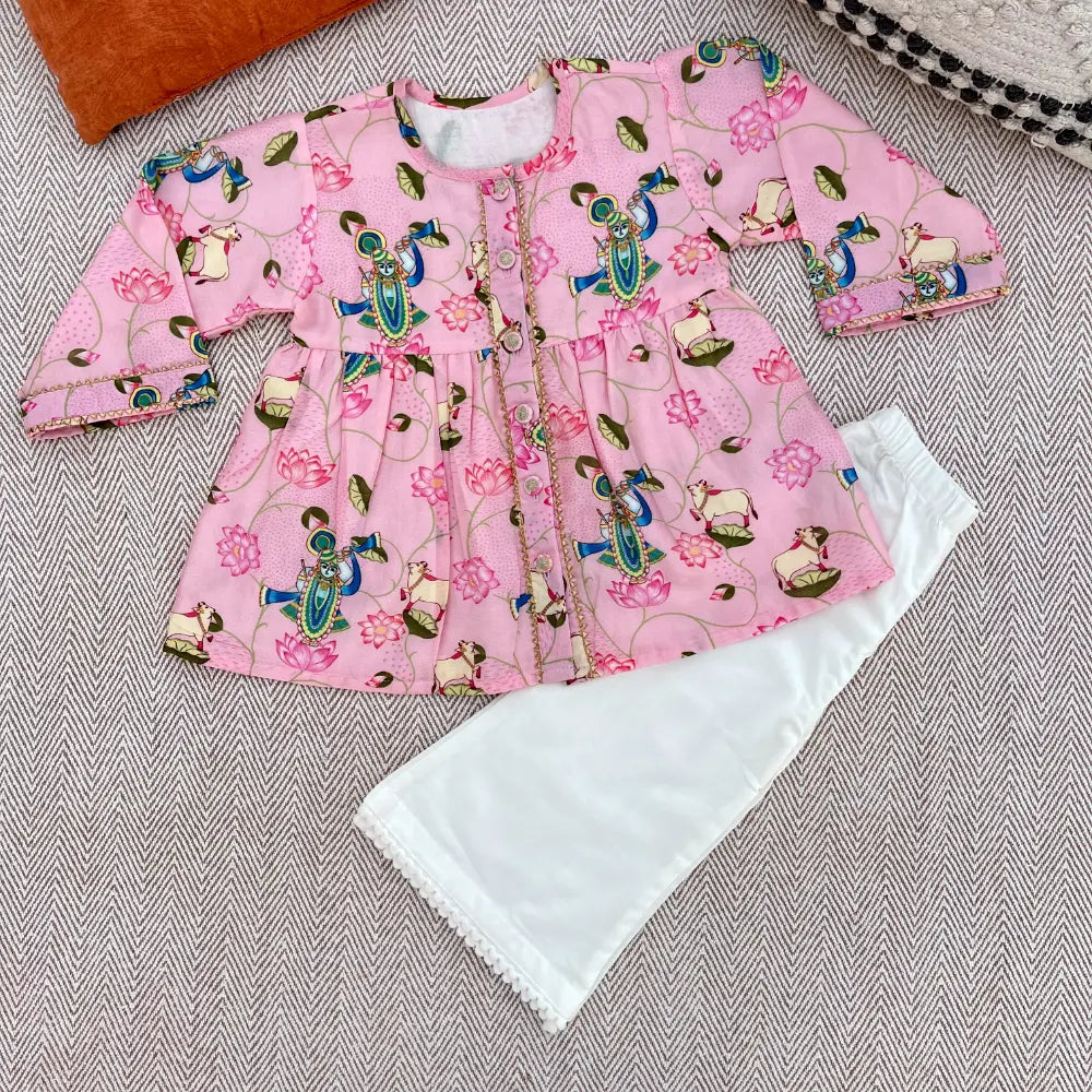 Bhaakur Chanderi Pichwai Print Kurta Set for Girls