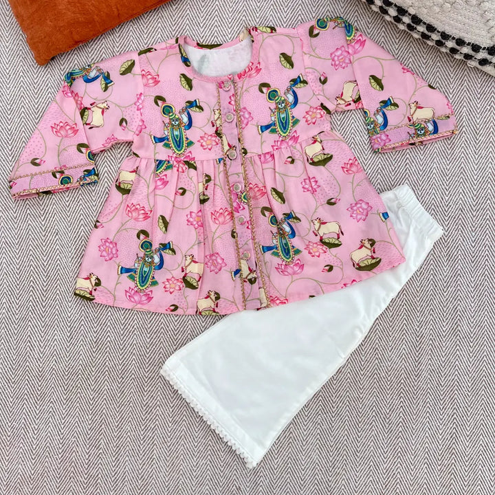 Bhaakur Chanderi Pichwai Print Kurta Set for Girls